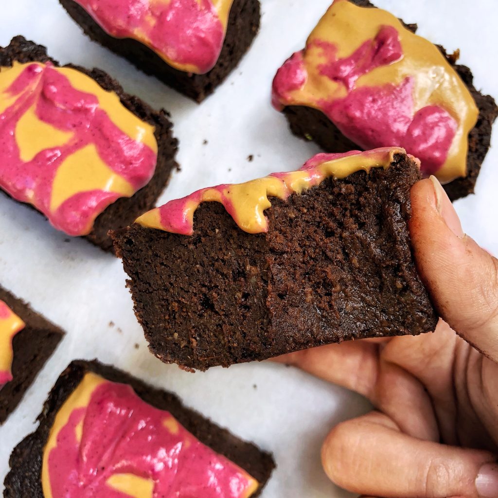 SWEET POTATO PROTEIN FUDGE BROWNIES with PBJ frosting